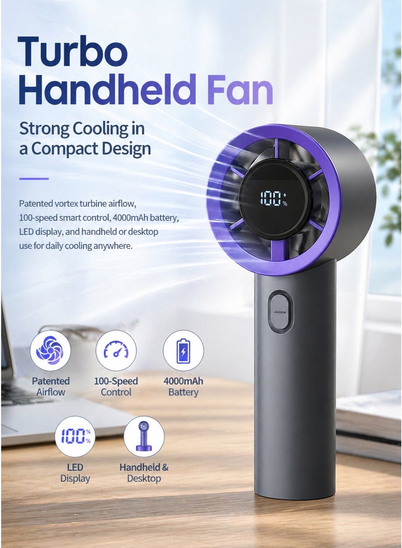 باندا مروحة محمولة باليد، بطارية قابلة لإعادة الشحن 4000mAh، تبريد حتى 7 ساعات، مروحة توربو قابلة للتعديل بـ 100 مستوى مع شاشة LED رقمية، تدفق هواء قوي، مروحة جيب صغيرة للسفر والمكتب والأنشطة الخارجية - Image 1