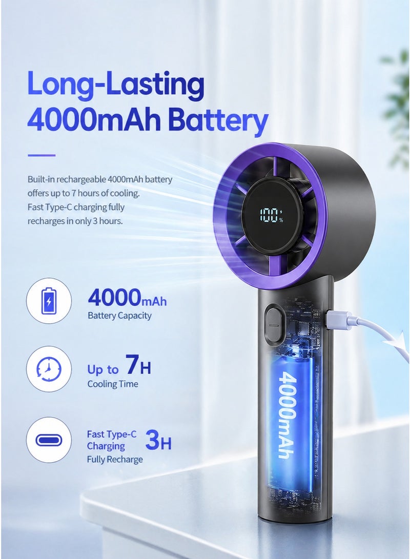 باندا مروحة محمولة باليد، بطارية قابلة لإعادة الشحن 4000mAh، تبريد حتى 7 ساعات، مروحة توربو قابلة للتعديل بـ 100 مستوى مع شاشة LED رقمية، تدفق هواء قوي، مروحة جيب صغيرة للسفر والمكتب والأنشطة الخارجية - Image 4