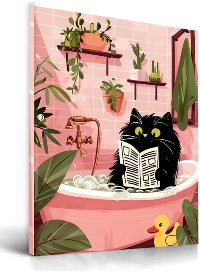UPWOIGH Bathroom Wall Art Decor, Black Cat Reading the Newspaper Wall Art - Image 1