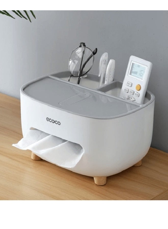 إيكوكو حامل مناديل، غطاء علبة مناديل مع مساحة تخزين، صندوق تخزين سطح المكتب، موزع حامل مناديل مناسب للطاولة الليلية، خزانة الملابس، المطبخ، سطح الطاولة، الحمام، طاولة المكتب - ابيض/رمادى - Image 1