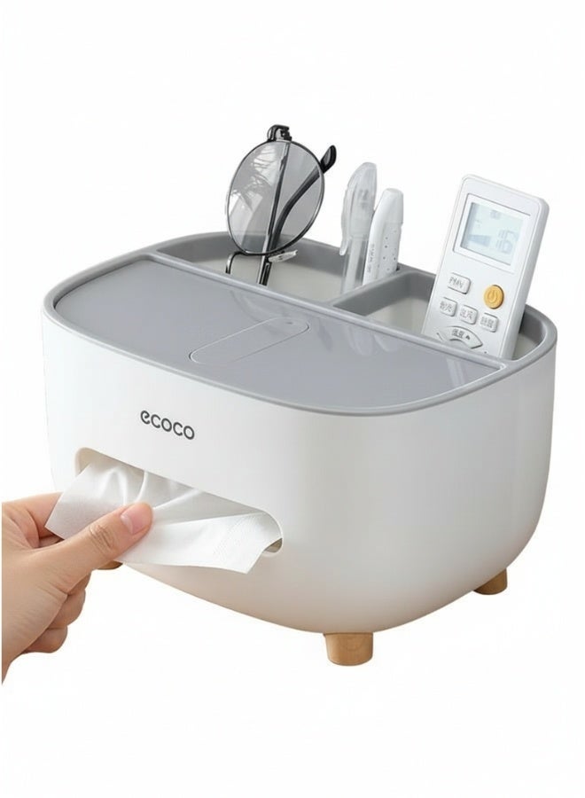 إيكوكو حامل مناديل، غطاء علبة مناديل مع مساحة تخزين، صندوق تخزين سطح المكتب، موزع حامل مناديل مناسب للطاولة الليلية، خزانة الملابس، المطبخ، سطح الطاولة، الحمام، طاولة المكتب - ابيض/رمادى - Image 2