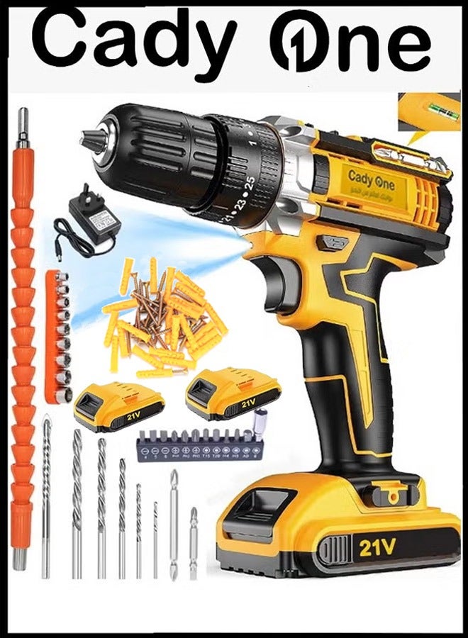Cady One 21 Volt cordless electric drill with heavy-duty lithium battery, screwdriver for home and outdoor use, with carrying bag, two batteries and charger  - Image 1