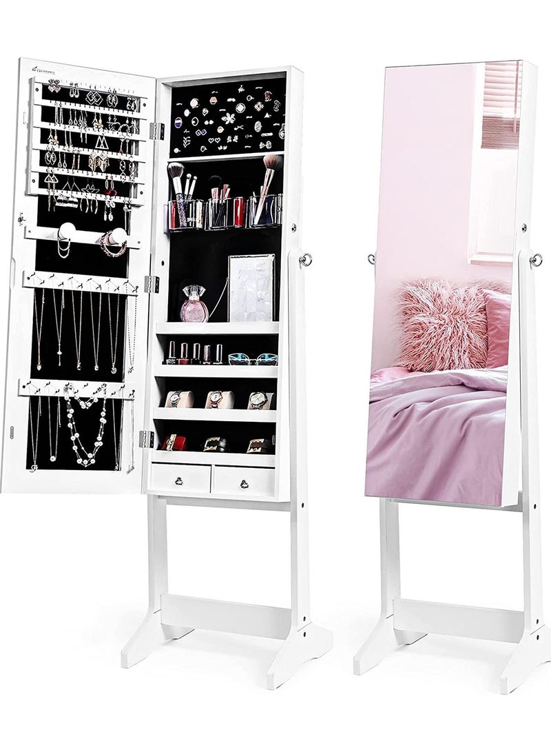 DubaiGallery Jewelry Cabinet with Full-Length Mirror, Standing Lockable Jewelry Armoire Mirror Organizer, 3 Adjustable, White - Image 1