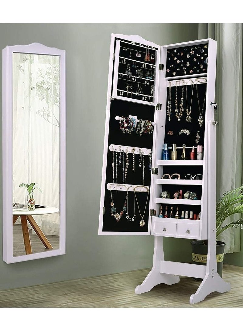 DubaiGallery Jewelry Cabinet with Full-Length Mirror, Standing Lockable Jewelry Armoire Mirror Organizer, 3 Adjustable, White - Image 2