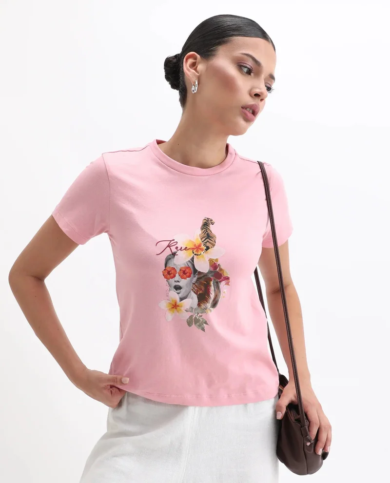 Rareism Women's Abstract Collage Printed T Shirt