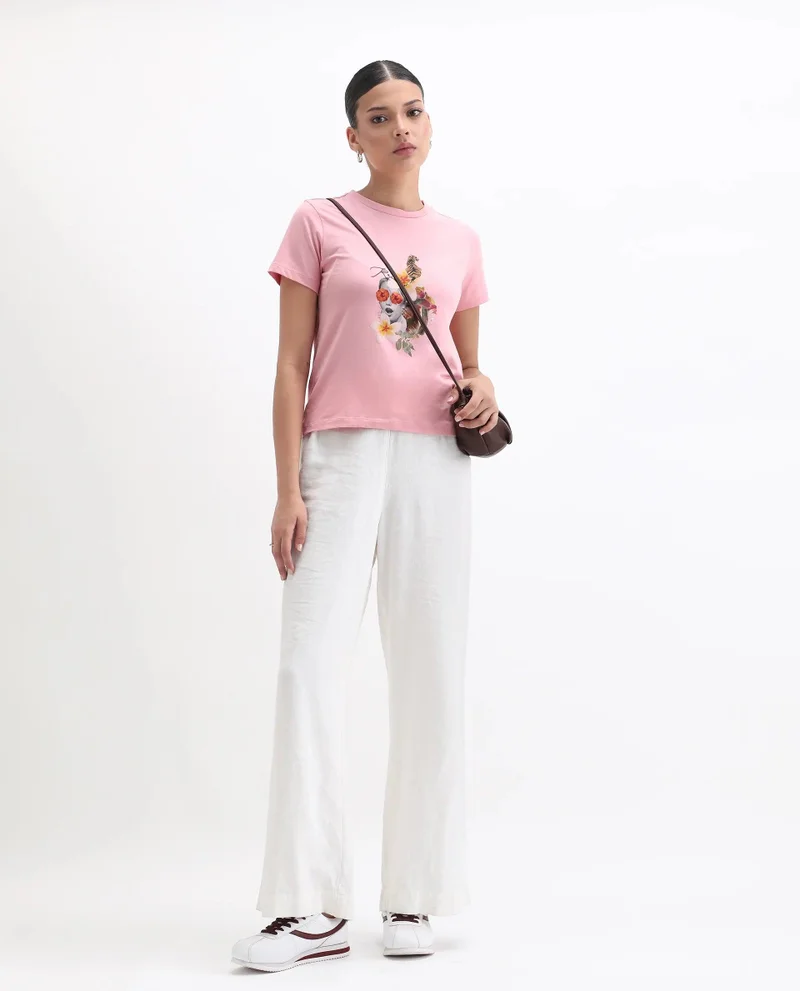Rareism Women's Abstract Collage Printed T Shirt
