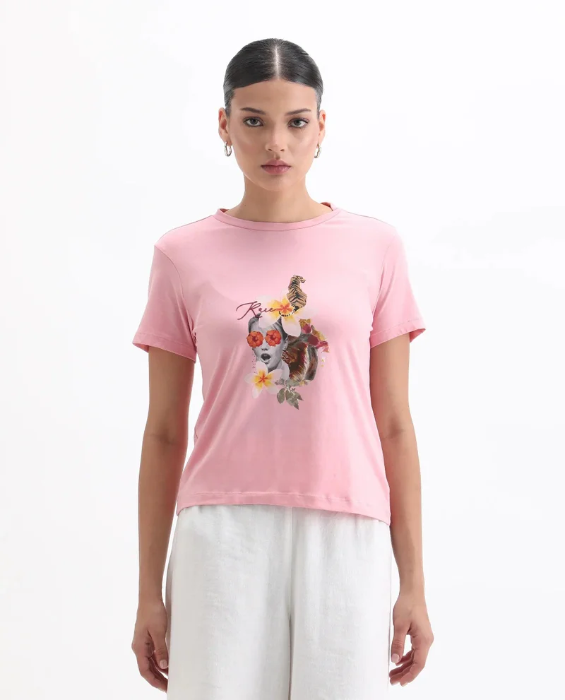 Rareism Women's Abstract Collage Printed T Shirt