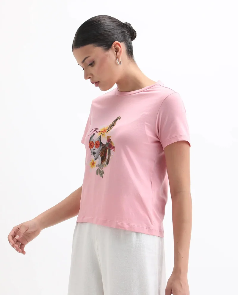 Rareism Women's Abstract Collage Printed T Shirt