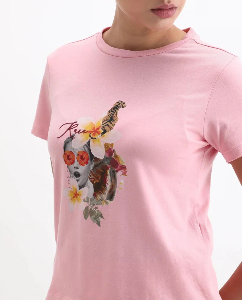 Rareism Women's Abstract Collage Printed T Shirt