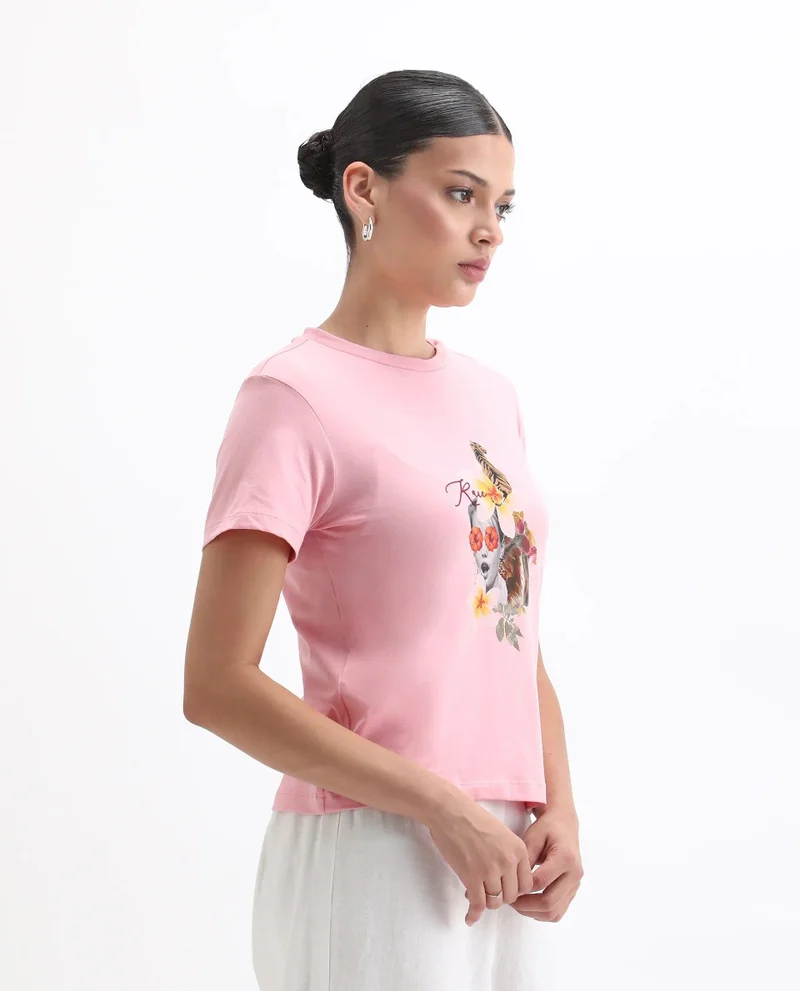Rareism Women's Abstract Collage Printed T Shirt