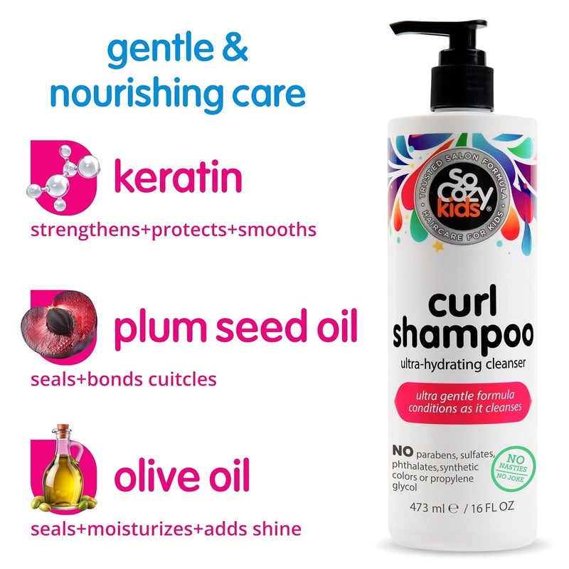 SO COZY Curl Shampoo for Kids Curly Hair (16 Fl Oz Pump) Gentle Hydrating Cleanser, Helps Improve Elasticity, Reduce Breakage & Frizz with Keratin, Plum Seed Oil & Olive Oil, Paraben & Sulfate-Free - Image 3