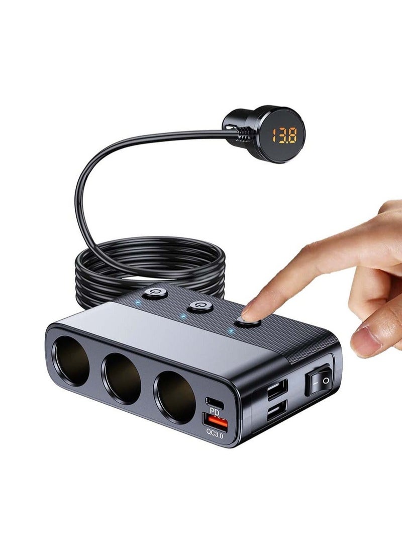 Captaintech Cigarette Lighter Plug Splitter, 7 in 1 Car Charger Adapter 3 Socket with 12V/24V Independent Switches DC Cigarette Outlet Car Charger(3.3FT Cable) - Image 1