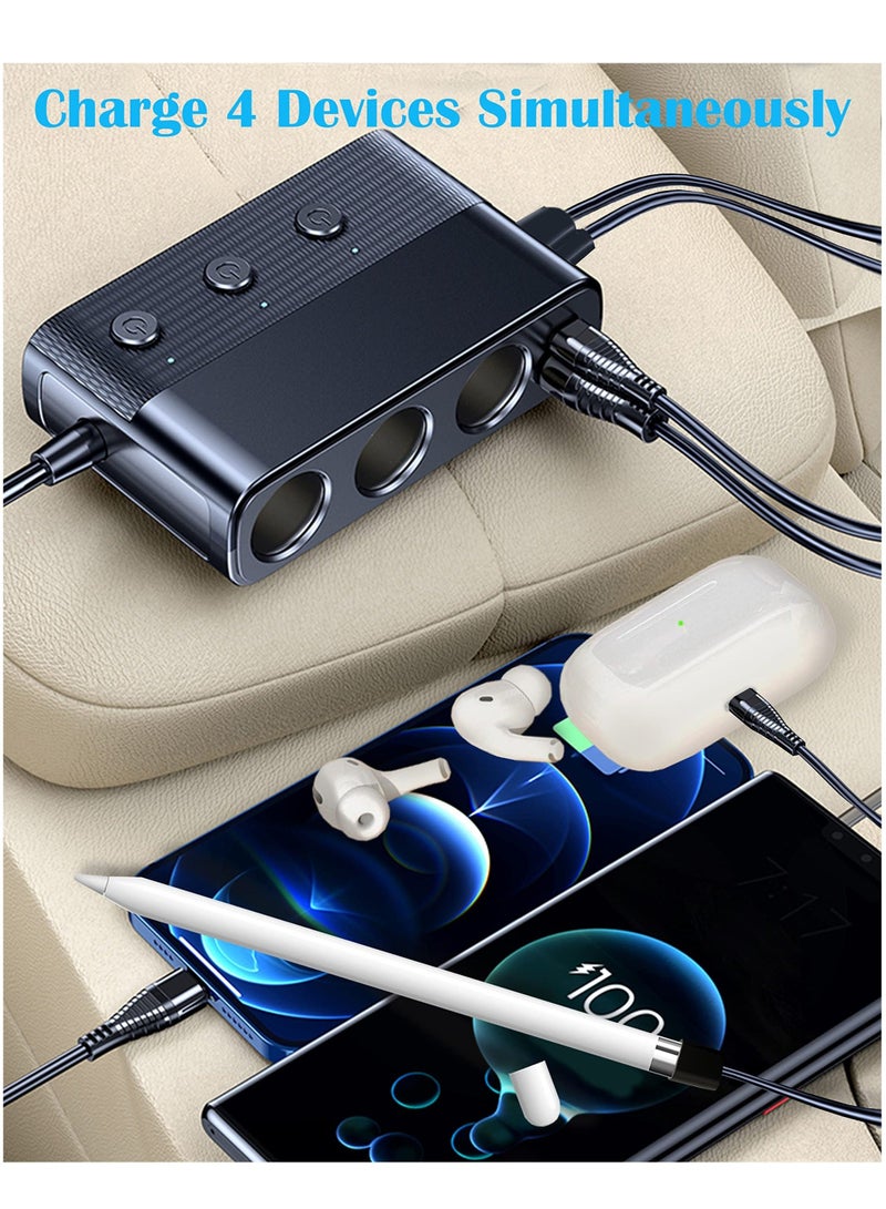 Captaintech Cigarette Lighter Plug Splitter, 7 in 1 Car Charger Adapter 3 Socket with 12V/24V Independent Switches DC Cigarette Outlet Car Charger(3.3FT Cable) - Image 2