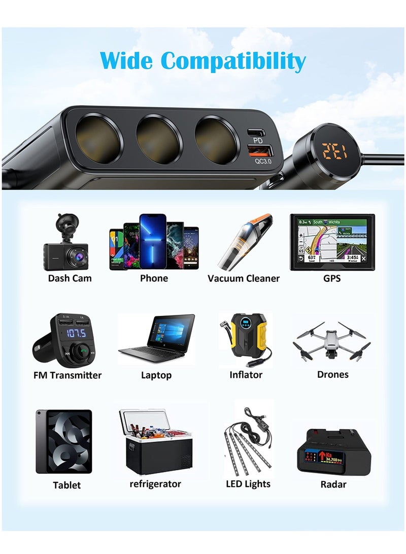 Captaintech Cigarette Lighter Plug Splitter, 7 in 1 Car Charger Adapter 3 Socket with 12V/24V Independent Switches DC Cigarette Outlet Car Charger(3.3FT Cable) - Image 4