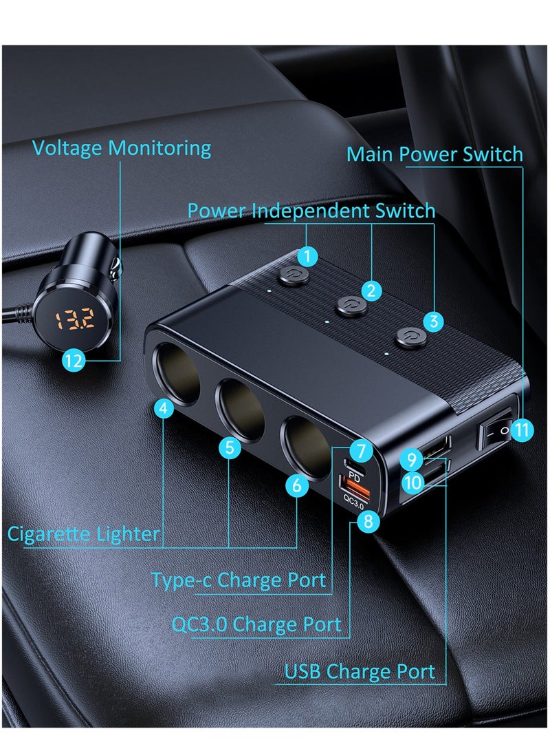 Captaintech Cigarette Lighter Plug Splitter, 7 in 1 Car Charger Adapter 3 Socket with 12V/24V Independent Switches DC Cigarette Outlet Car Charger(3.3FT Cable) - Image 5