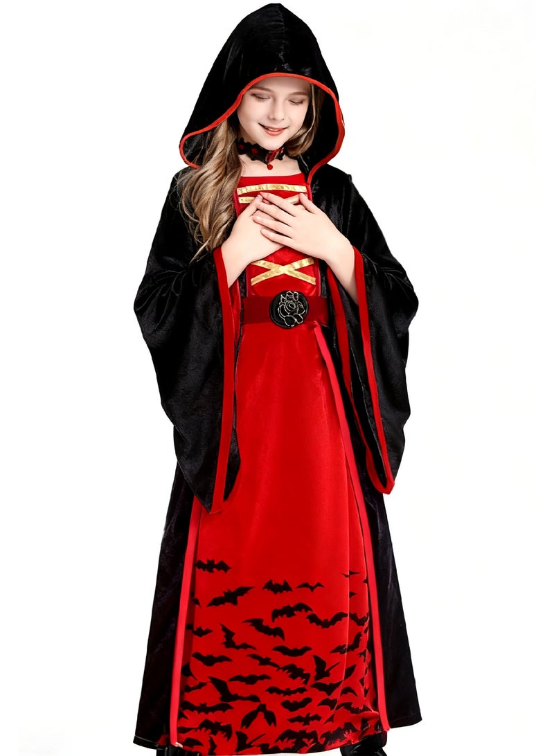 Girls Royal Vampire Witch Costume, Vintage Hooded Black&Red Dress, Flared Sleeves and Bat Pattern, Scary Kids Costume for Halloween Dress Up, Cosplay, Vampire-Themed Party - Image 4