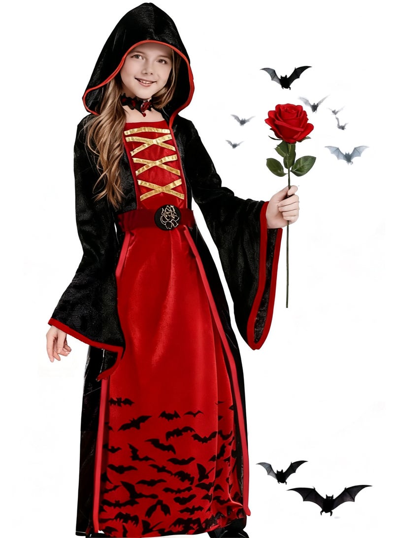 Girls Royal Vampire Witch Costume, Vintage Hooded Black&Red Dress, Flared Sleeves and Bat Pattern, Scary Kids Costume for Halloween Dress Up, Cosplay, Vampire-Themed Party - Image 1
