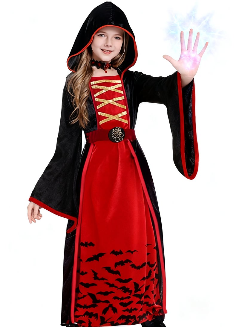 Girls Royal Vampire Witch Costume, Vintage Hooded Black&Red Dress, Flared Sleeves and Bat Pattern, Scary Kids Costume for Halloween Dress Up, Cosplay, Vampire-Themed Party - Image 3