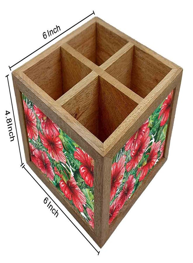 Nutcase Wooden Cutlery Stand Holder Silverware Caddy Spoons Forks Knives Organizer for Dining Table & Kitchen -Made in India-Spoons NOT Included - Hibiscus Flower - Image 4