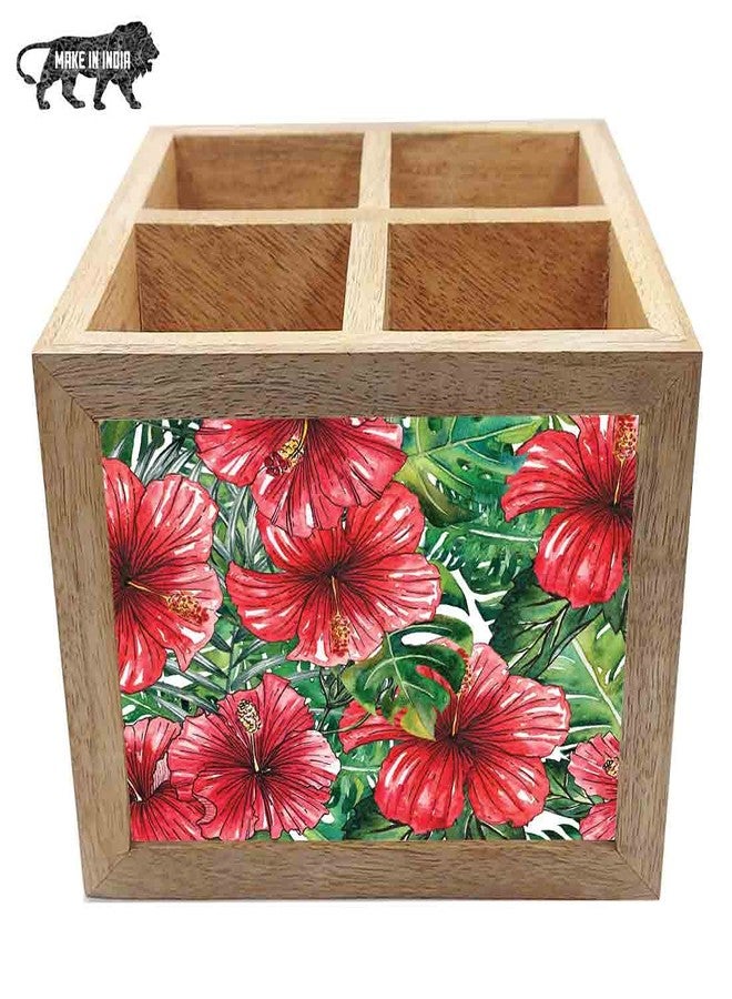Nutcase Wooden Cutlery Stand Holder Silverware Caddy Spoons Forks Knives Organizer for Dining Table & Kitchen -Made in India-Spoons NOT Included - Hibiscus Flower - Image 5