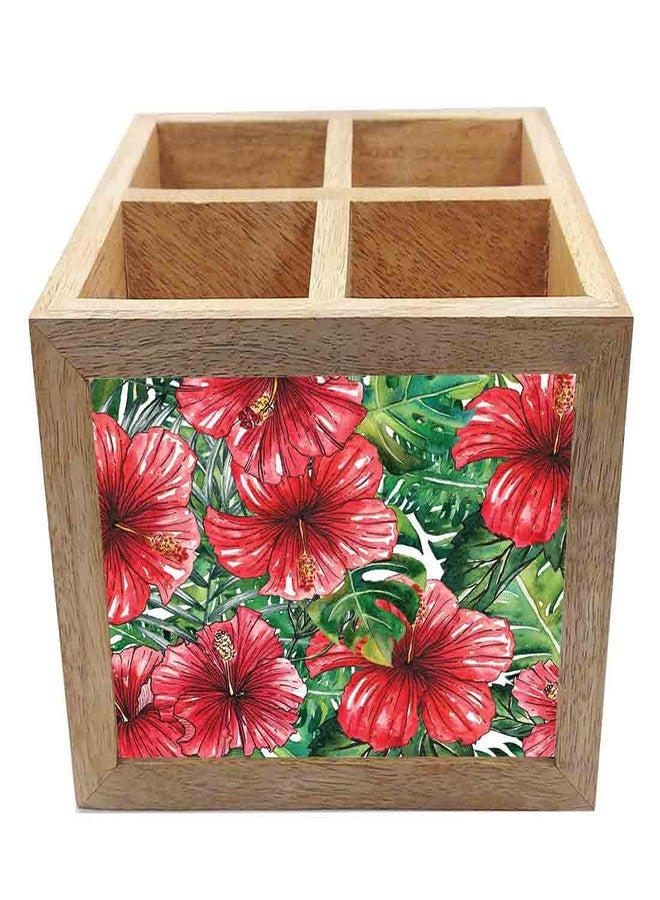 Nutcase Wooden Cutlery Stand Holder Silverware Caddy Spoons Forks Knives Organizer for Dining Table & Kitchen -Made in India-Spoons NOT Included - Hibiscus Flower - Image 3