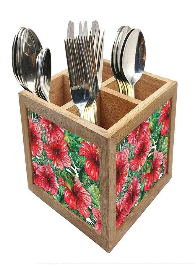 Nutcase Wooden Cutlery Stand Holder Silverware Caddy Spoons Forks Knives Organizer for Dining Table & Kitchen -Made in India-Spoons NOT Included - Hibiscus Flower - Image 1