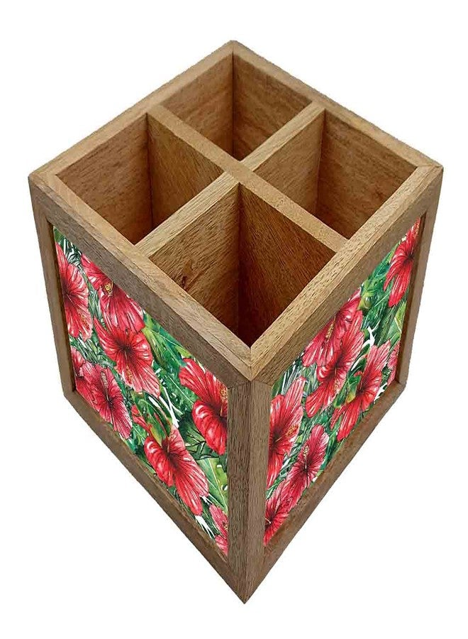 Nutcase Wooden Cutlery Stand Holder Silverware Caddy Spoons Forks Knives Organizer for Dining Table & Kitchen -Made in India-Spoons NOT Included - Hibiscus Flower - Image 2