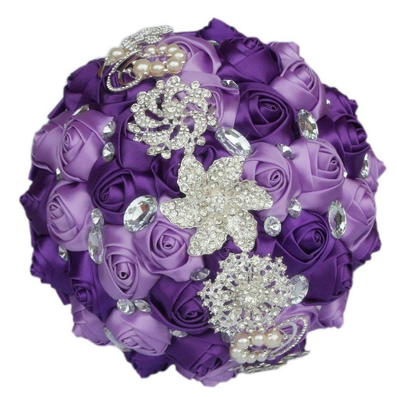 Flonding Wedding Bouquets Crystal Satin Rose Bride Bridal Bouquet Romantic Bridesmaid Holding Flower for Valentines Day Confession Party Church Decor Purple Lavender