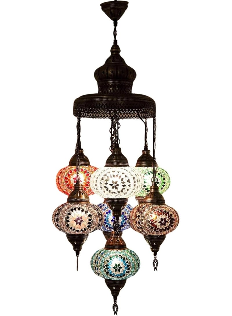 Quick Cart Turkish Sultan Mosaic Chandelier 7-Globe Ceiling Lamp Authentic Tiffany Hanging Pendant Light | Perfect for House warming, Birthday & Anniversery Gift | Perfect For Office & Hotel 
