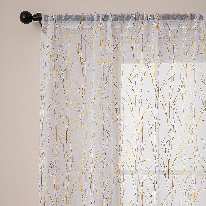 Deeprove Sheer Curtains 90 inches Long 2 Panels Set for Bedroom Living Room  Privacy Light Filter Gold Branch Metallic Sparkle Art Christmas Decor Golden Window Treatments Pair  W52 x L90  White - Image 2