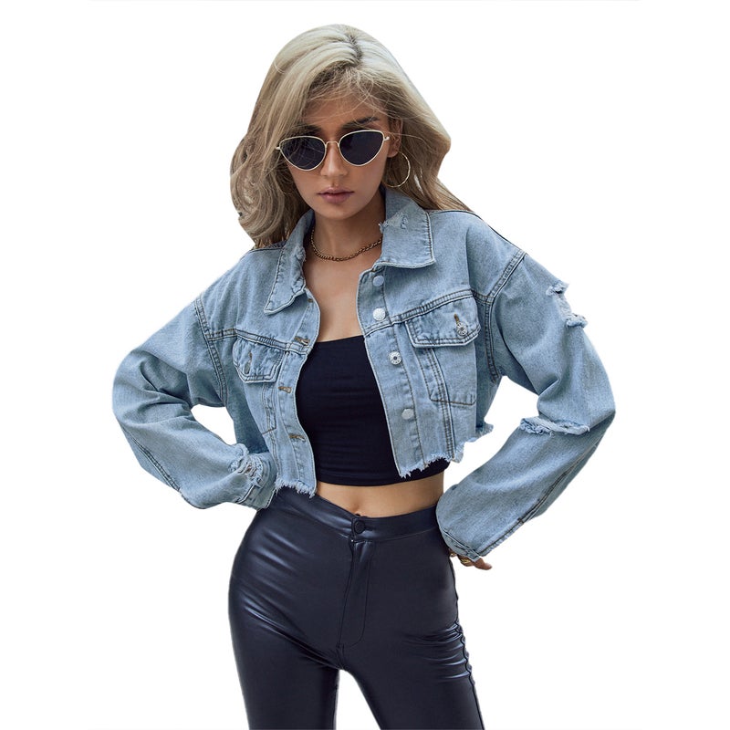 10022# Amazon Cross-border Womens Wear Europe and America INS Leisure Joker Boyfriend Wind Short Fashion Denim Short Jacket Blue