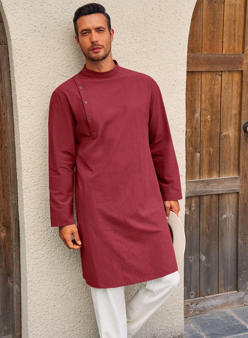 Mens Kaftan Thobe Robe Long Sleeve Cotton Henley Shirt Casual Muslim Gown Salwar Kurta  - Image 3