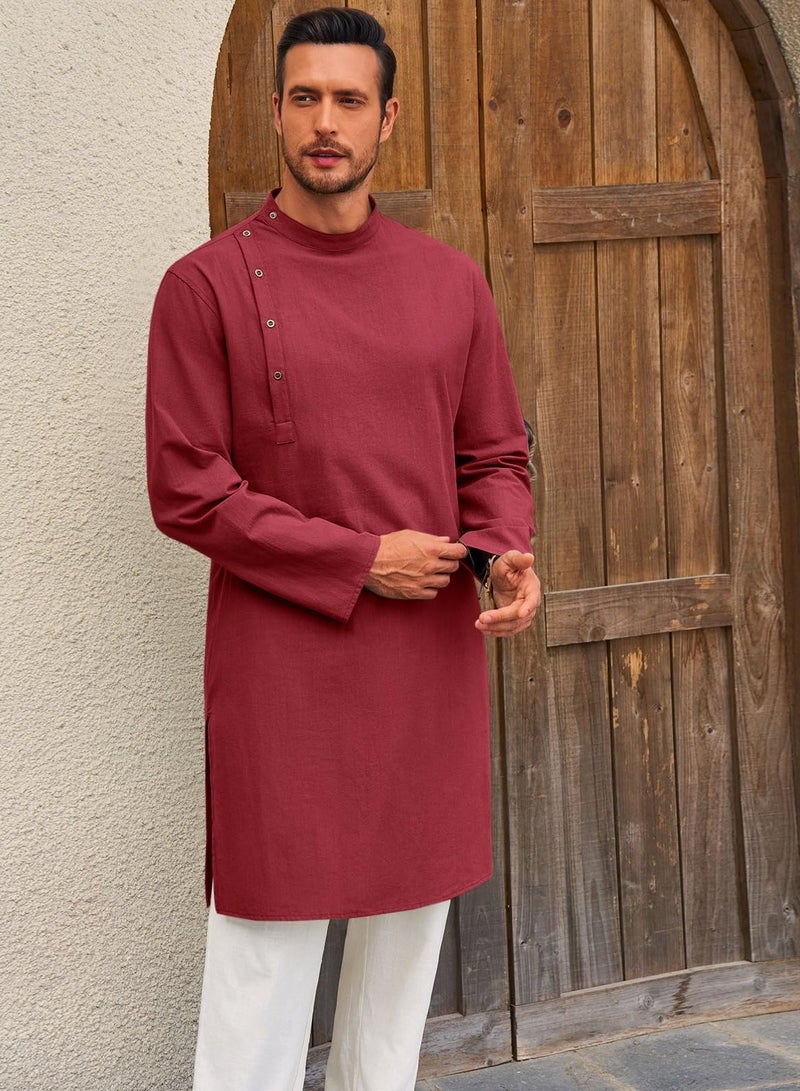 Mens Kaftan Thobe Robe Long Sleeve Cotton Henley Shirt Casual Muslim Gown Salwar Kurta  - Image 2