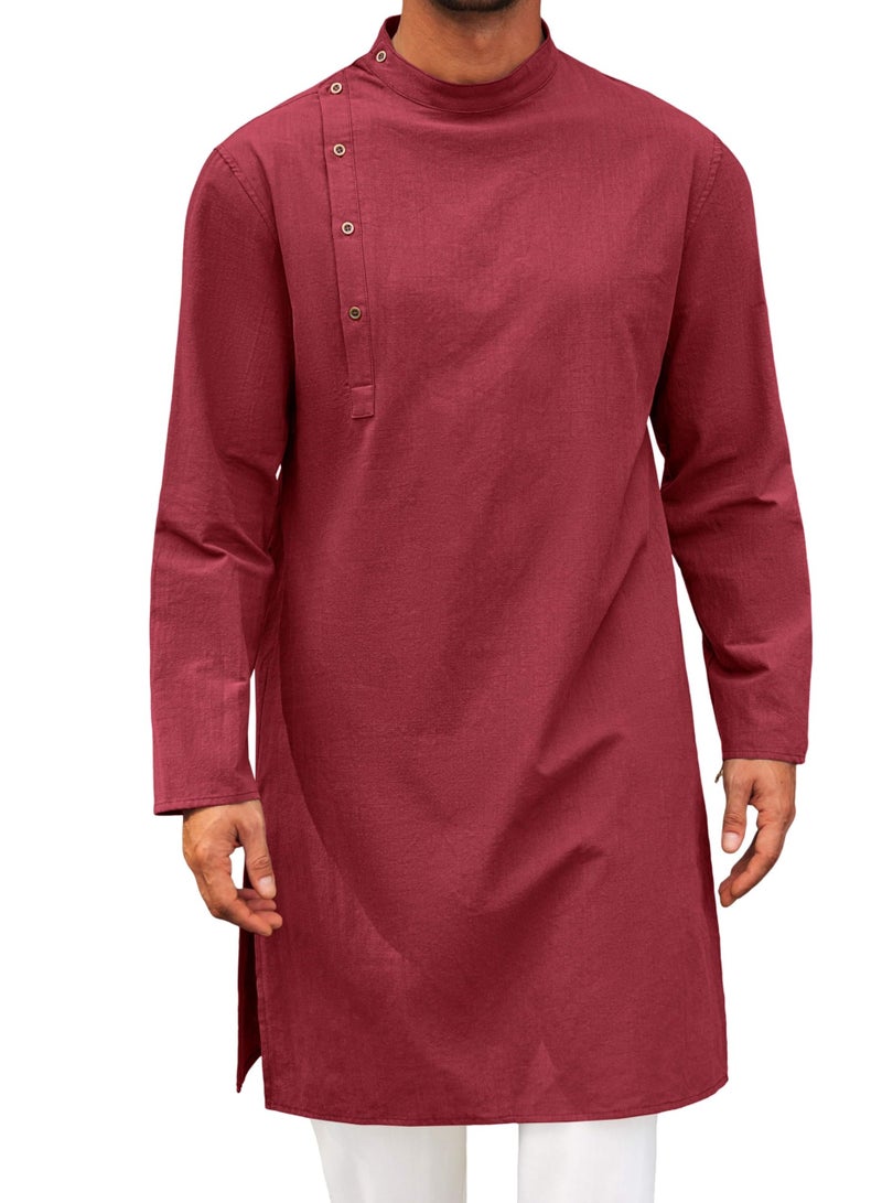 Mens Kaftan Thobe Robe Long Sleeve Cotton Henley Shirt Casual Muslim Gown Salwar Kurta  - Image 1