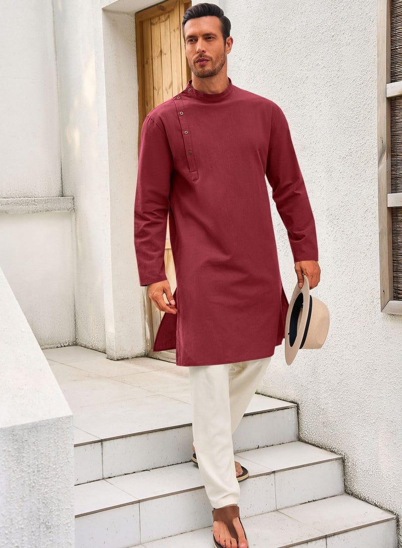 Mens Kaftan Thobe Robe Long Sleeve Cotton Henley Shirt Casual Muslim Gown Salwar Kurta  - Image 4