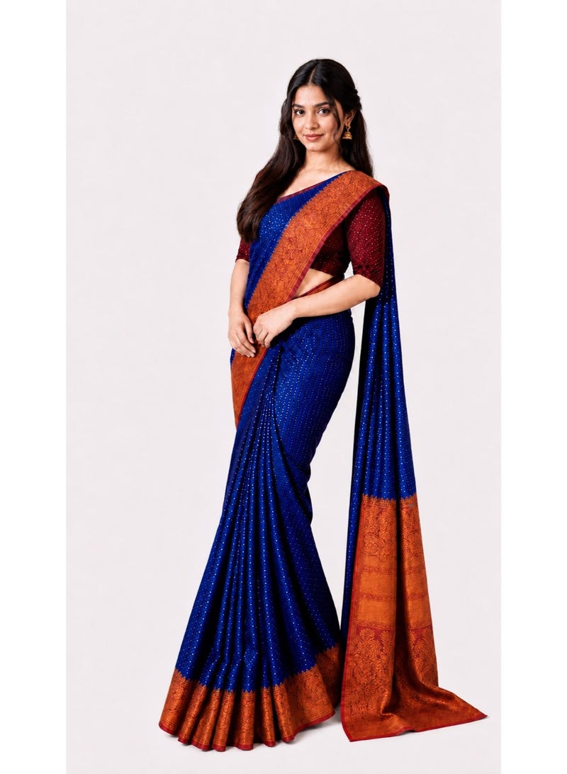 Royal Blue Semi Silk Saree with Copper Zari Dotted Design & Orange Gold Woven Border | Festive Traditional Ethnic Wear for Women - Image 2