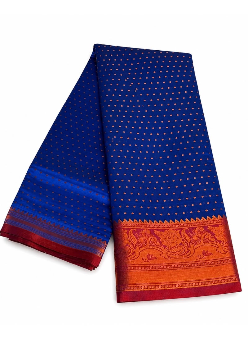 Royal Blue Semi Silk Saree with Copper Zari Dotted Design & Orange Gold Woven Border | Festive Traditional Ethnic Wear for Women - Image 3