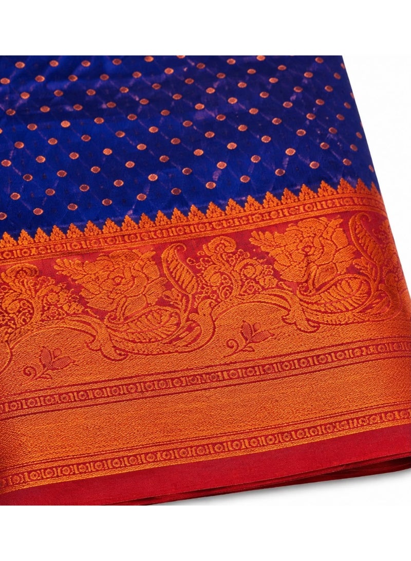 Royal Blue Semi Silk Saree with Copper Zari Dotted Design & Orange Gold Woven Border | Festive Traditional Ethnic Wear for Women - Image 1