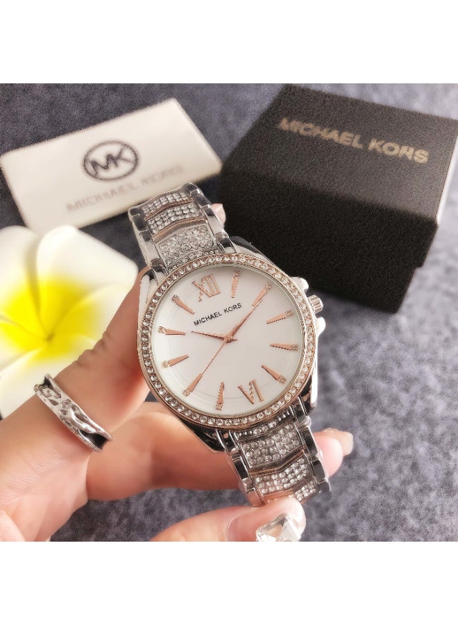 ام كي Michael Kors Women's Watch with Two - Tone Stainless Steel Bracelet and Crystal - Encrusted White Dial