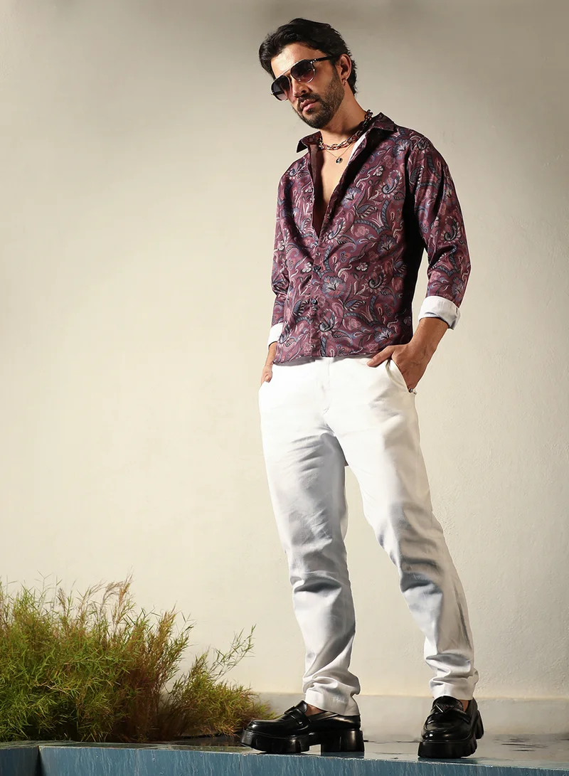 كامبوس سوترا Campus Sutra Men's Burgundy Red Paisley Shirt For Casual Wear | Spread Collar | Long Sleeve | Button Closure | Shirt Crafted With Comfort Fit For Everyday Wear