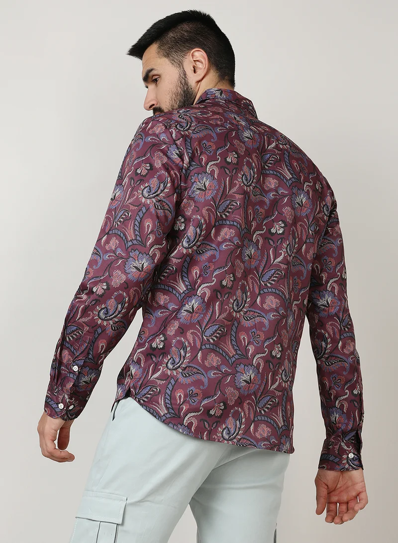كامبوس سوترا Campus Sutra Men's Burgundy Red Paisley Shirt For Casual Wear | Spread Collar | Long Sleeve | Button Closure | Shirt Crafted With Comfort Fit For Everyday Wear