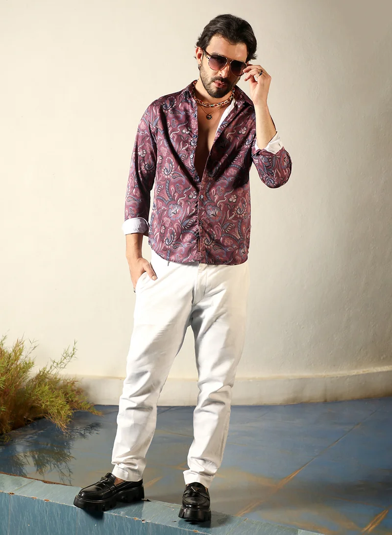 كامبوس سوترا Campus Sutra Men's Burgundy Red Paisley Shirt For Casual Wear | Spread Collar | Long Sleeve | Button Closure | Shirt Crafted With Comfort Fit For Everyday Wear
