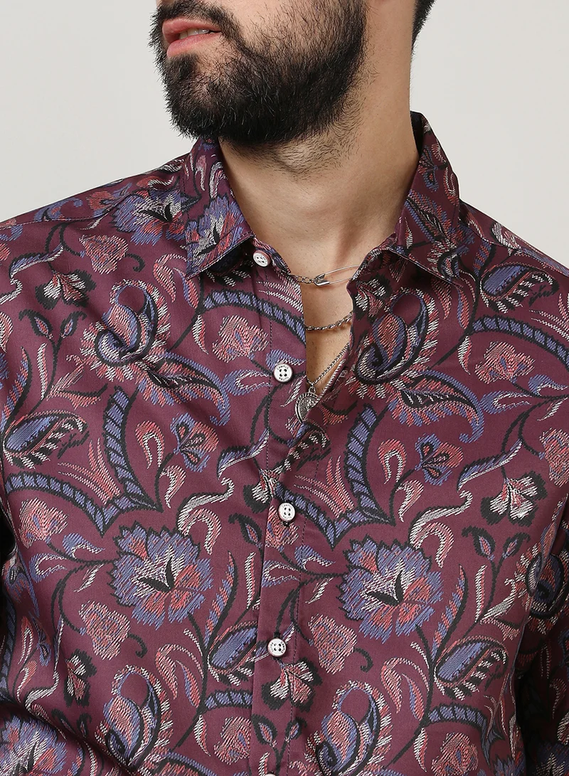 كامبوس سوترا Campus Sutra Men's Burgundy Red Paisley Shirt For Casual Wear | Spread Collar | Long Sleeve | Button Closure | Shirt Crafted With Comfort Fit For Everyday Wear