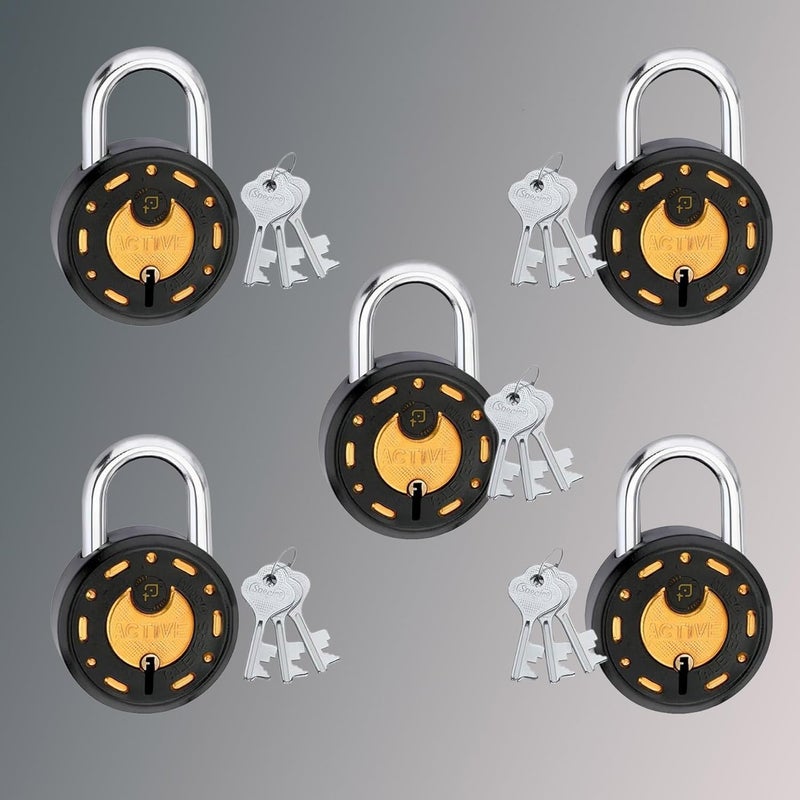 ONEPRO Azco Round Locks 65mm 15 Keys with 5 Padlocks | 8 Levers Double Locking | Lock and Keys for Home Door Shop Gate Office Locker Main Gate, Black Gold Finish (Pack of 5) - Image 1