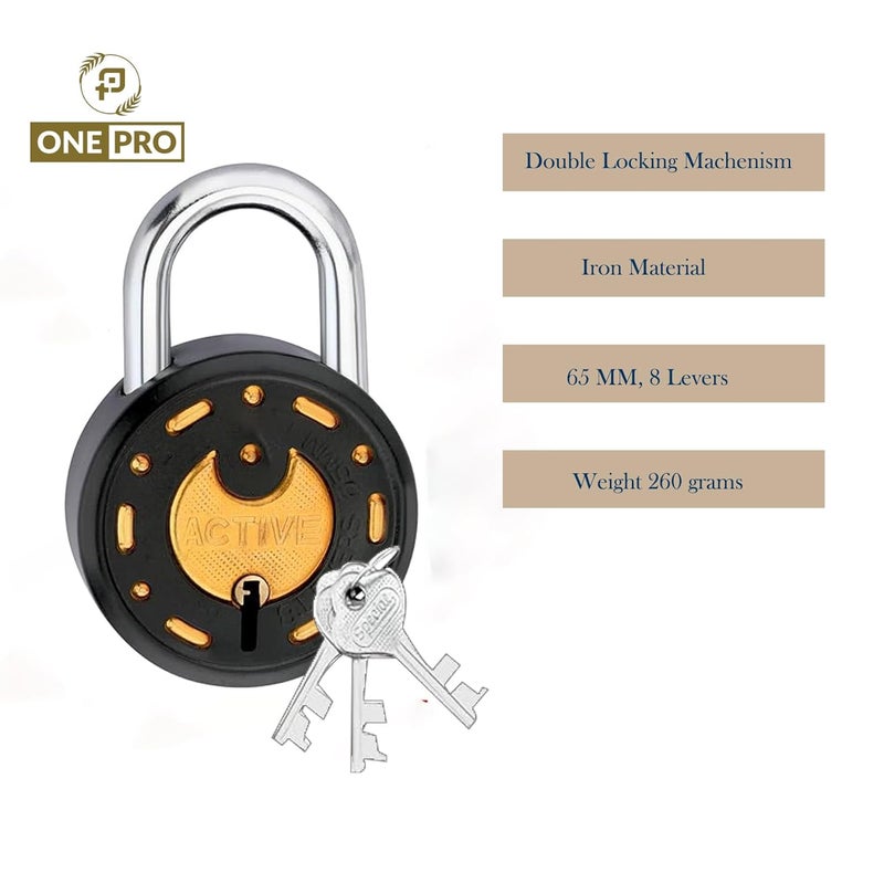 ONEPRO Azco Round Locks 65mm 15 Keys with 5 Padlocks | 8 Levers Double Locking | Lock and Keys for Home Door Shop Gate Office Locker Main Gate, Black Gold Finish (Pack of 5) - Image 2