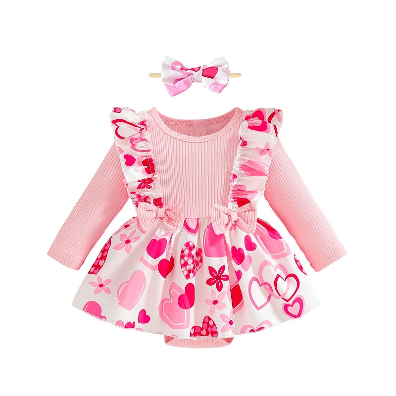 Wolbay Newborn Infant Valentines Baby Girl Outfit Love Print Romper Drees Ruffles Bodysuit Jumpsuit Clothes And Headband (Pink  3-6 Months) - Image 1