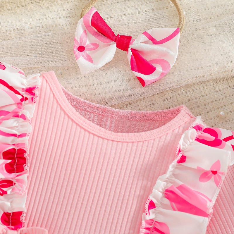 Wolbay Newborn Infant Valentines Baby Girl Outfit Love Print Romper Drees Ruffles Bodysuit Jumpsuit Clothes And Headband (Pink  3-6 Months) - Image 4