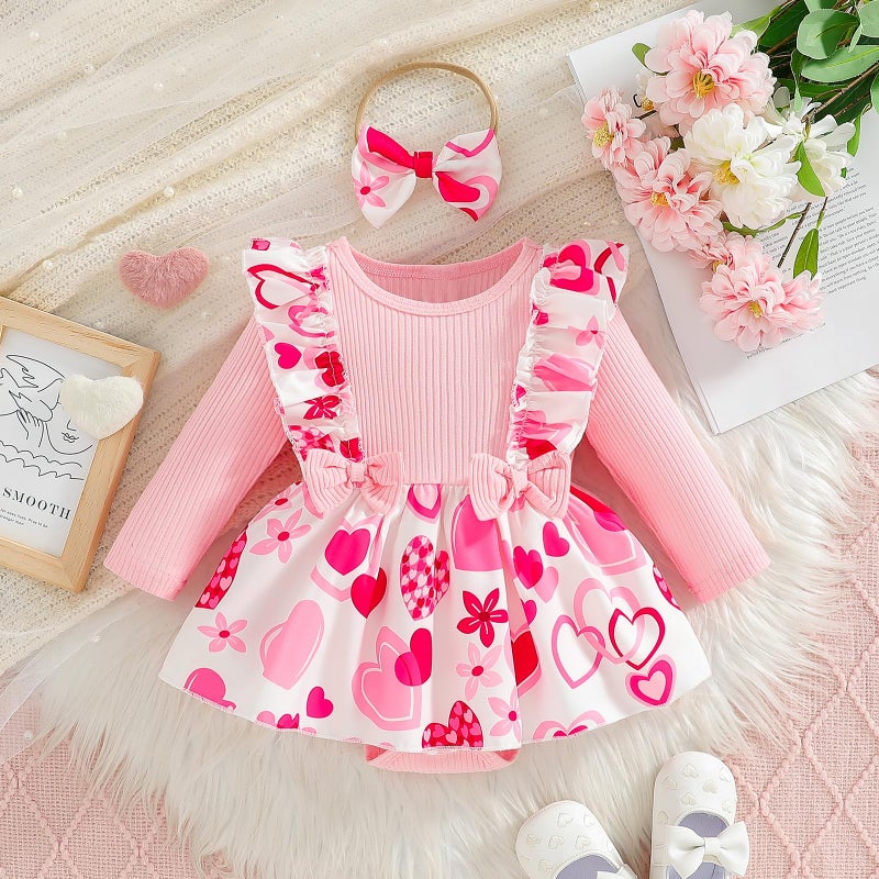 Wolbay Newborn Infant Valentines Baby Girl Outfit Love Print Romper Drees Ruffles Bodysuit Jumpsuit Clothes And Headband (Pink  3-6 Months) - Image 2