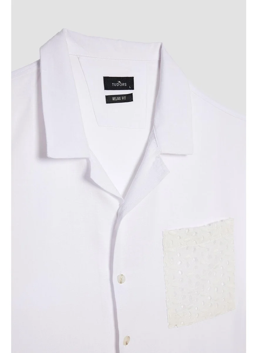 Tudors Relax Fit Comfortable Fit Short Sleeve Open Collar Pocketed Viscose White Shirt