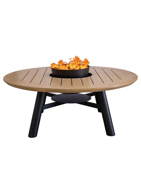 Light Round Wood-Burning Fire Pit Table for Patio – 135x135x52 cm, Multi-Use Fire Pit Dining Table, Compact and Durable for Backyard, Deck, or Garden, Natural Teak/Black